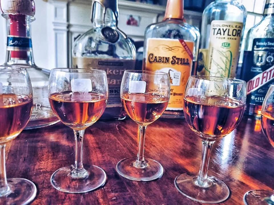 DGC blind tasting lineup — Cabin Still, Colonel E.H. Taylor, Old Fitzgerald